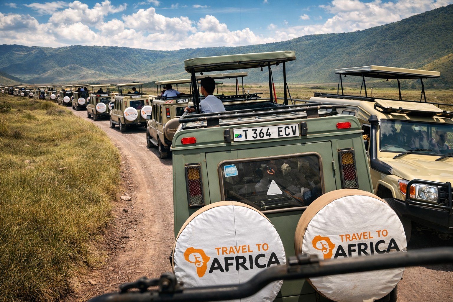 Convoy of Travel to Africa pop-top 4WD safari vehicles driving along a Tanzania safari road