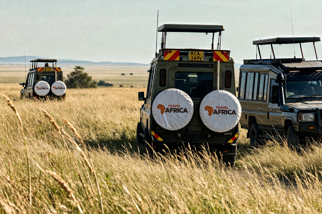 Travel to Africa safari vehicles parked in long golden grass during a Masai Mara game drive