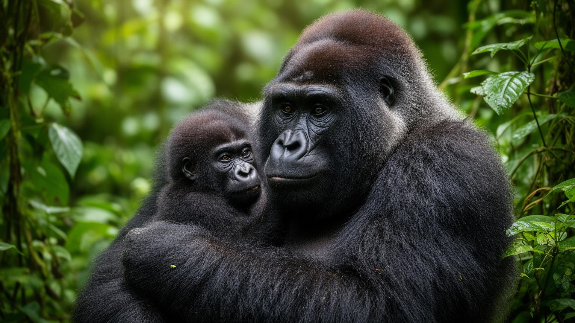 Mountain gorilla family in the forest