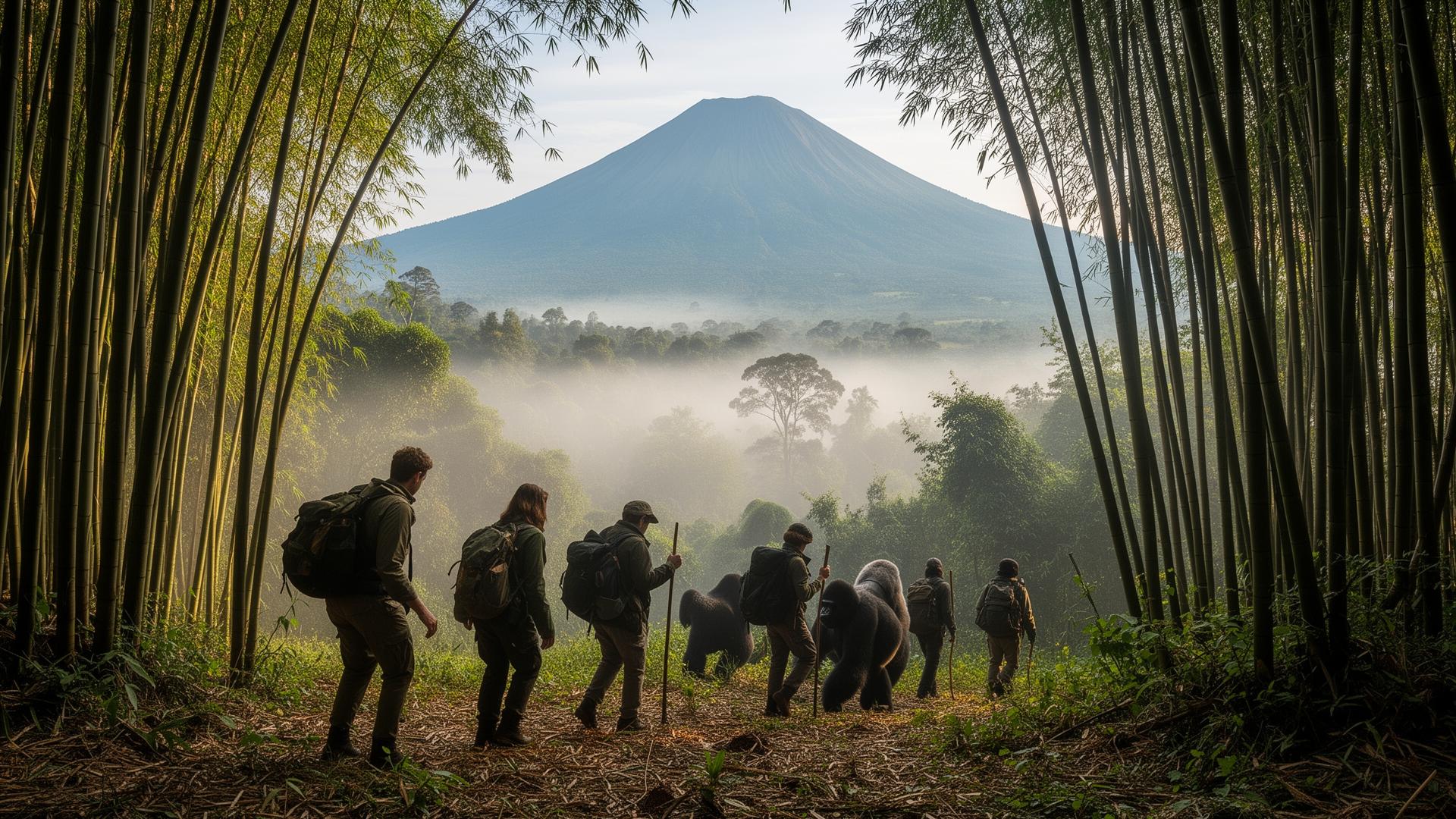 Travellers hiking through misty bamboo forest on a gorilla trek