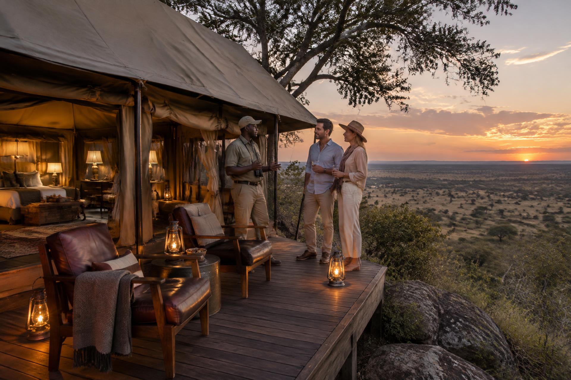 Guide and travellers talking on the deck of a luxury tented safari camp overlooking the African bush at dusk