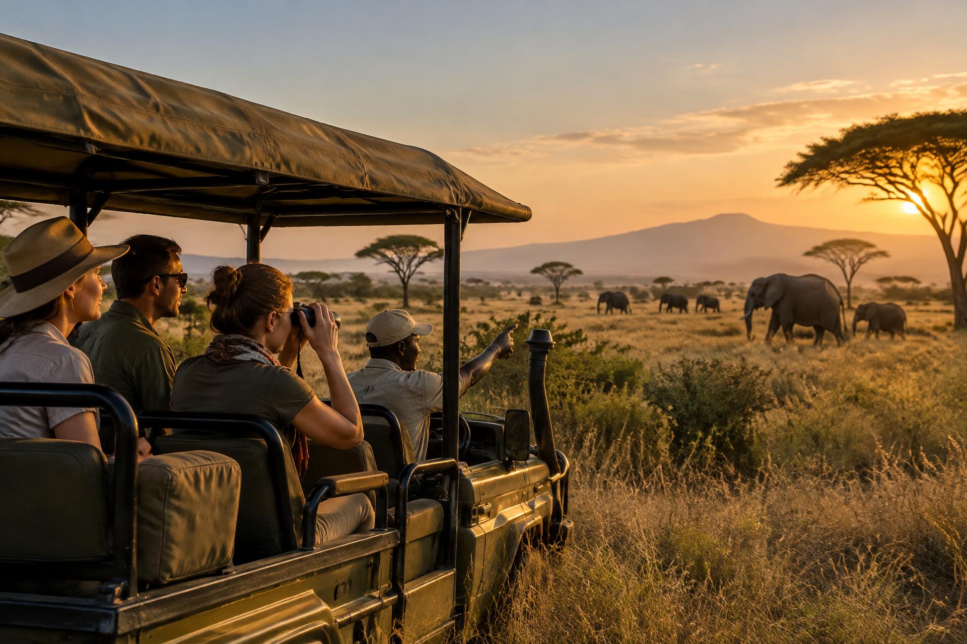 Guests and a professional guide watching elephants from an open safari vehicle on the African savannah at sunset