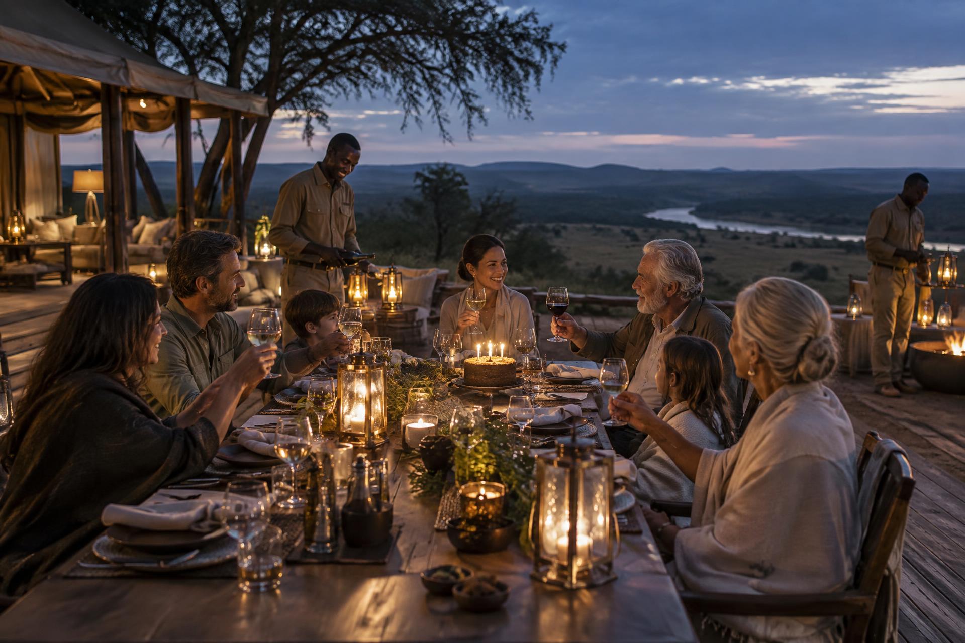 Family sharing an intimate milestone dinner at a luxury African safari camp