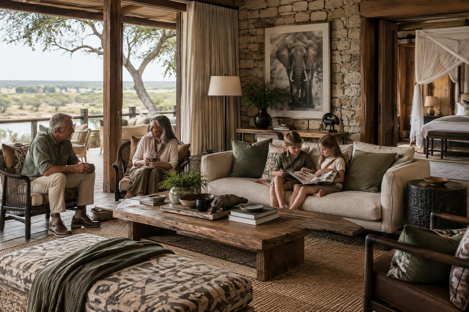 Grandparents and children relaxing together in a spacious African safari lodge family suite