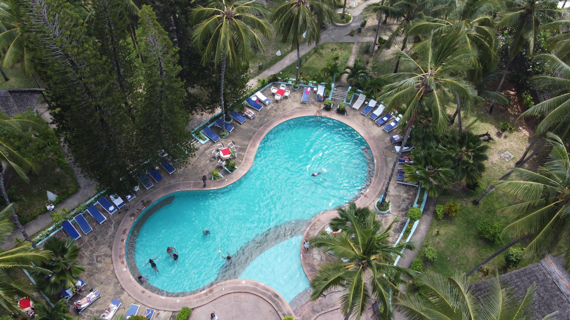 Wide aerial view of the resort pool surrounded by palms