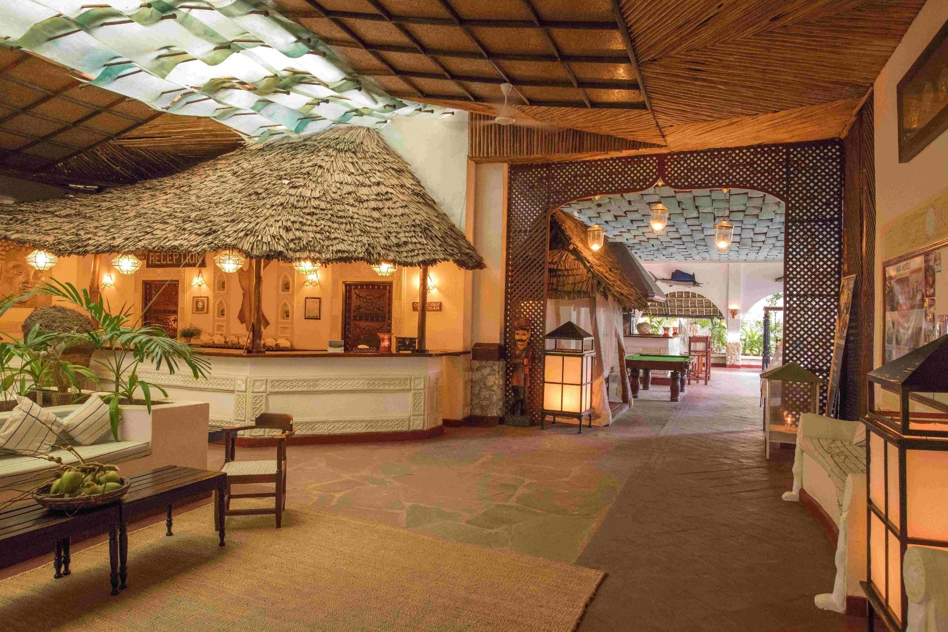 Thatched reception lobby at Kilifi Bay resort