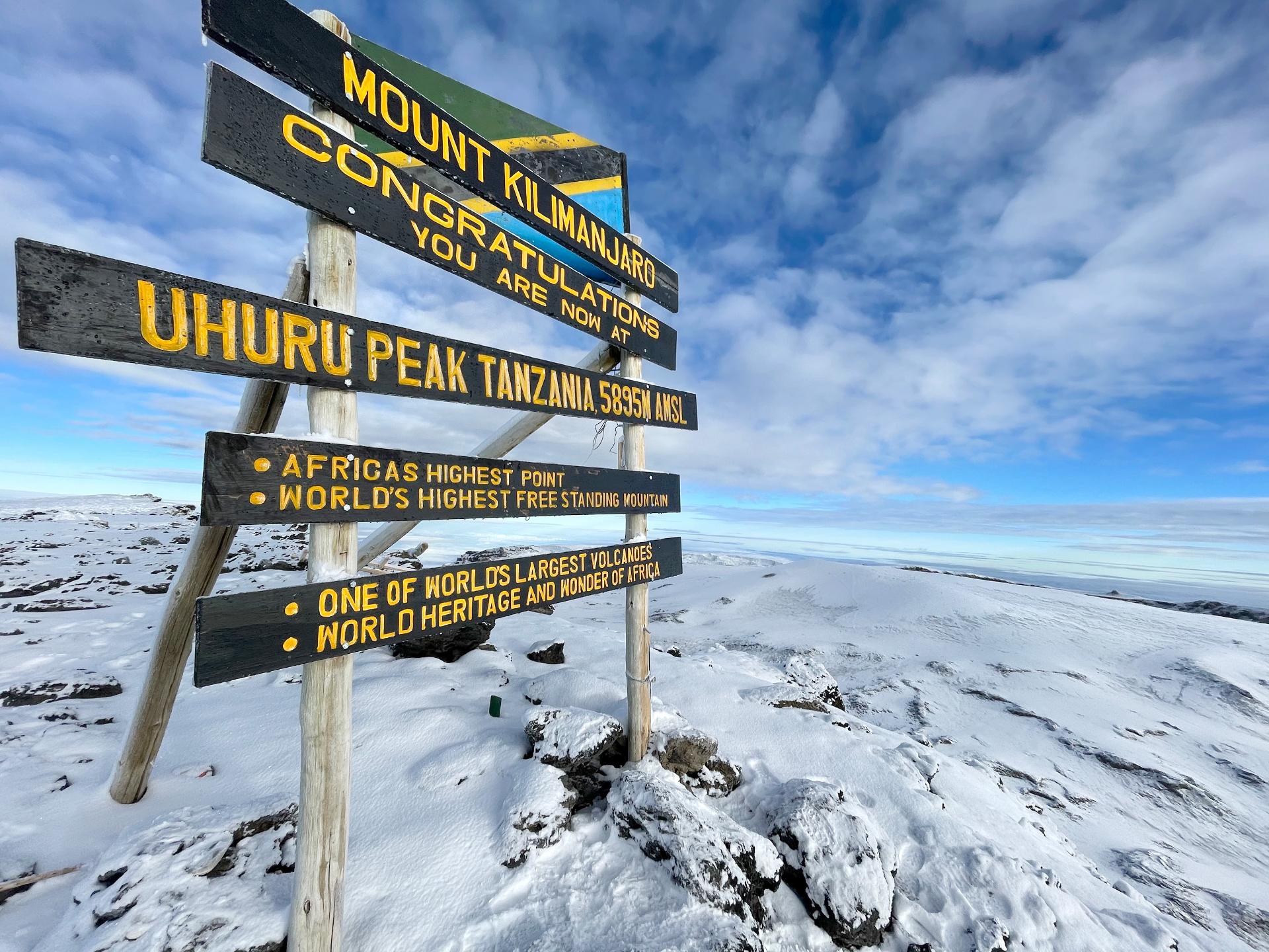 Uhuru Peak summit sign covered in snow on Kilimanjaro