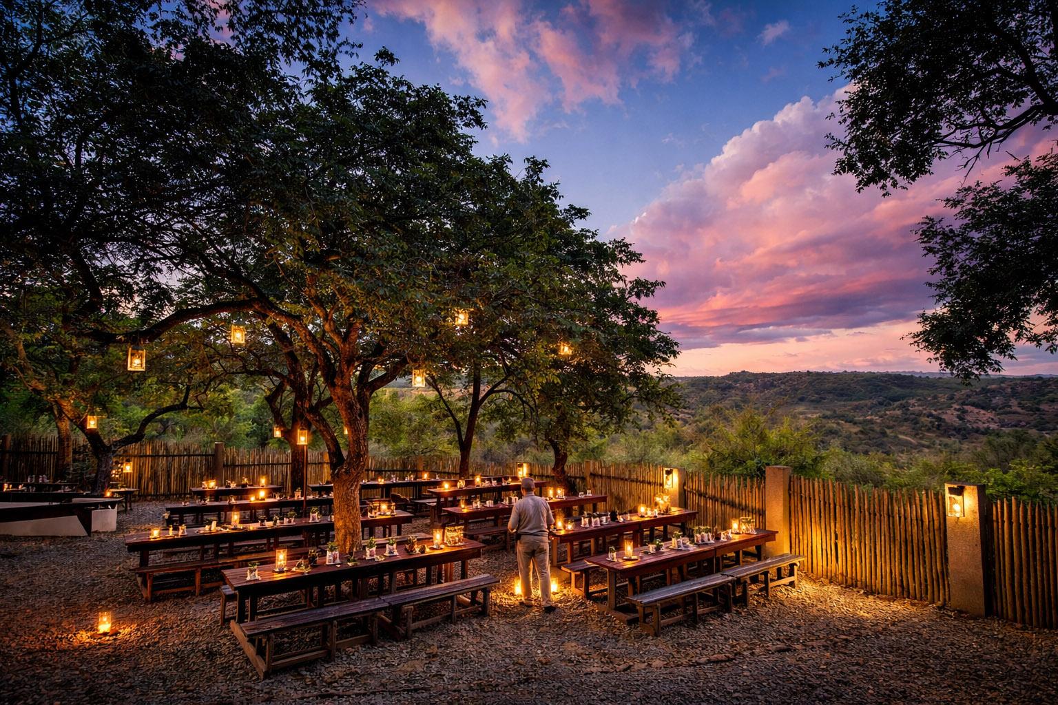 Candlelit bush dinner under trees at Kwa Maritane Lodge