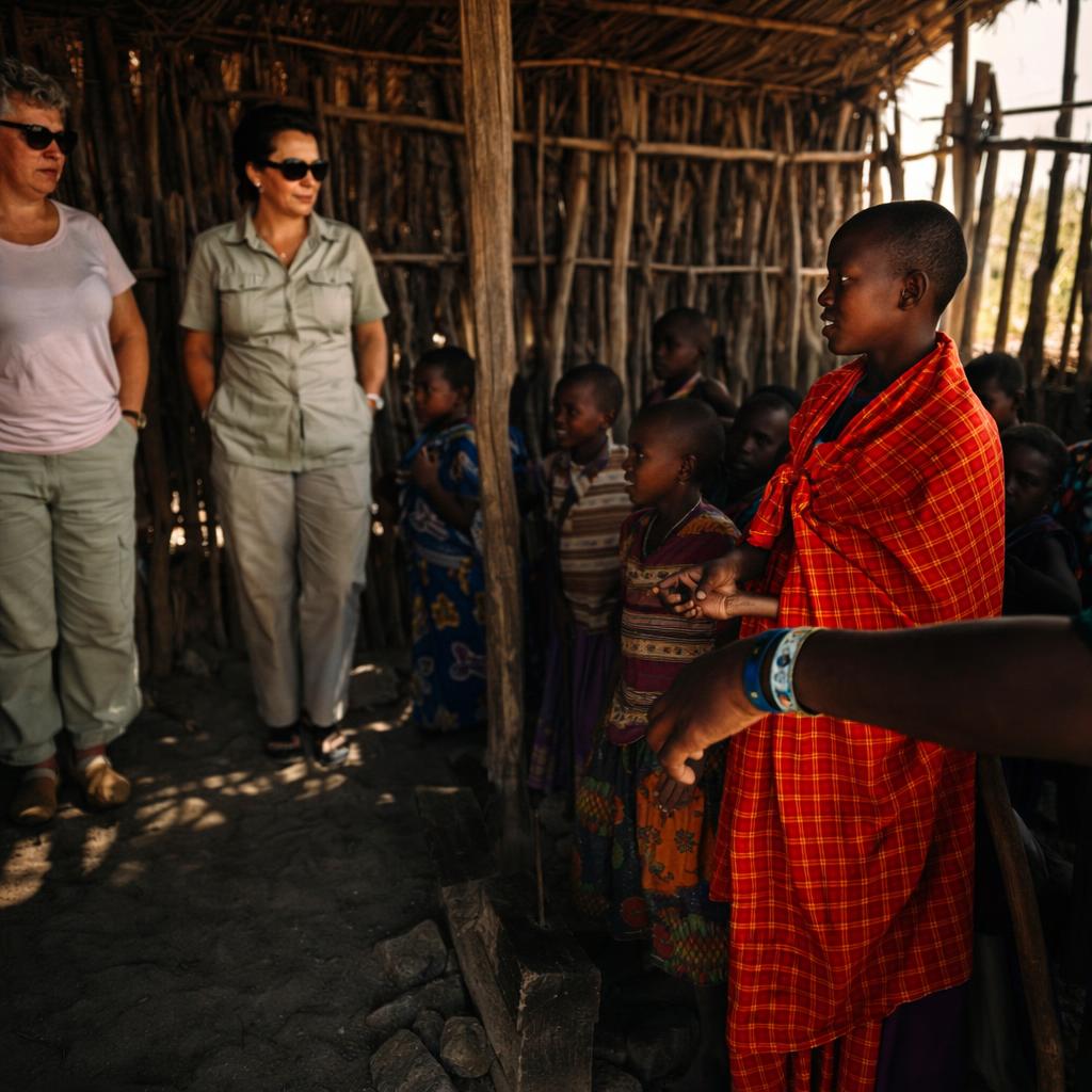 Travellers visiting a traditional Masai village