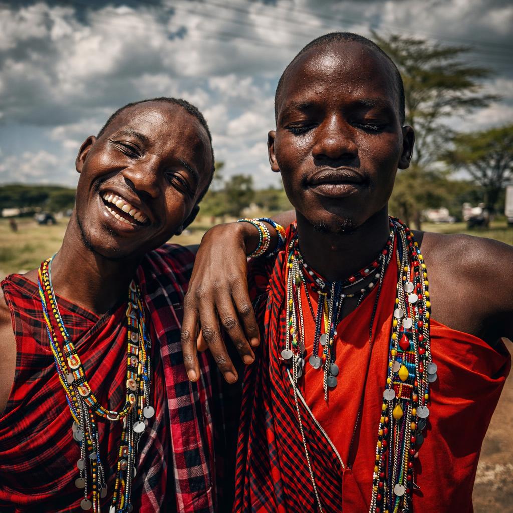 Portrait of Maasai warriors in traditional dress in Kenya