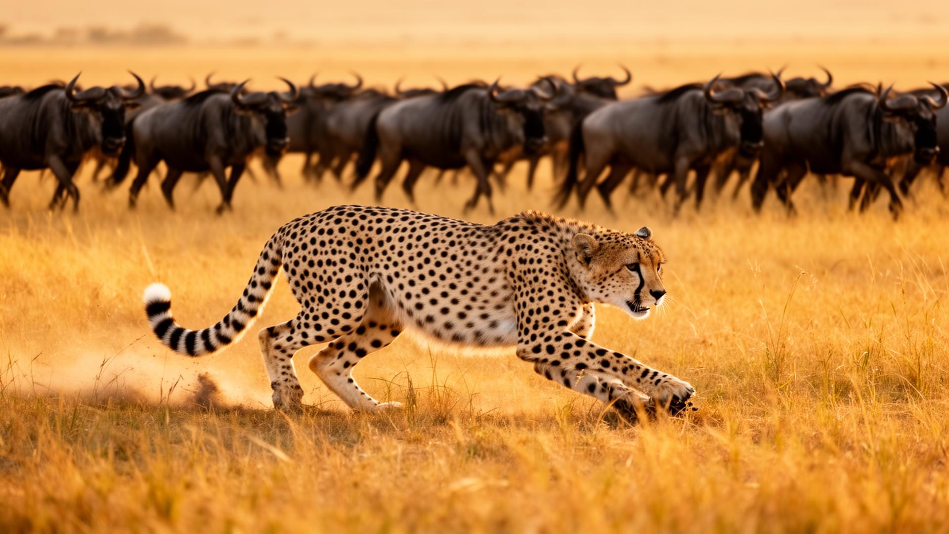 Cheetah hunting on the Serengeti plains with wildebeest herd in background