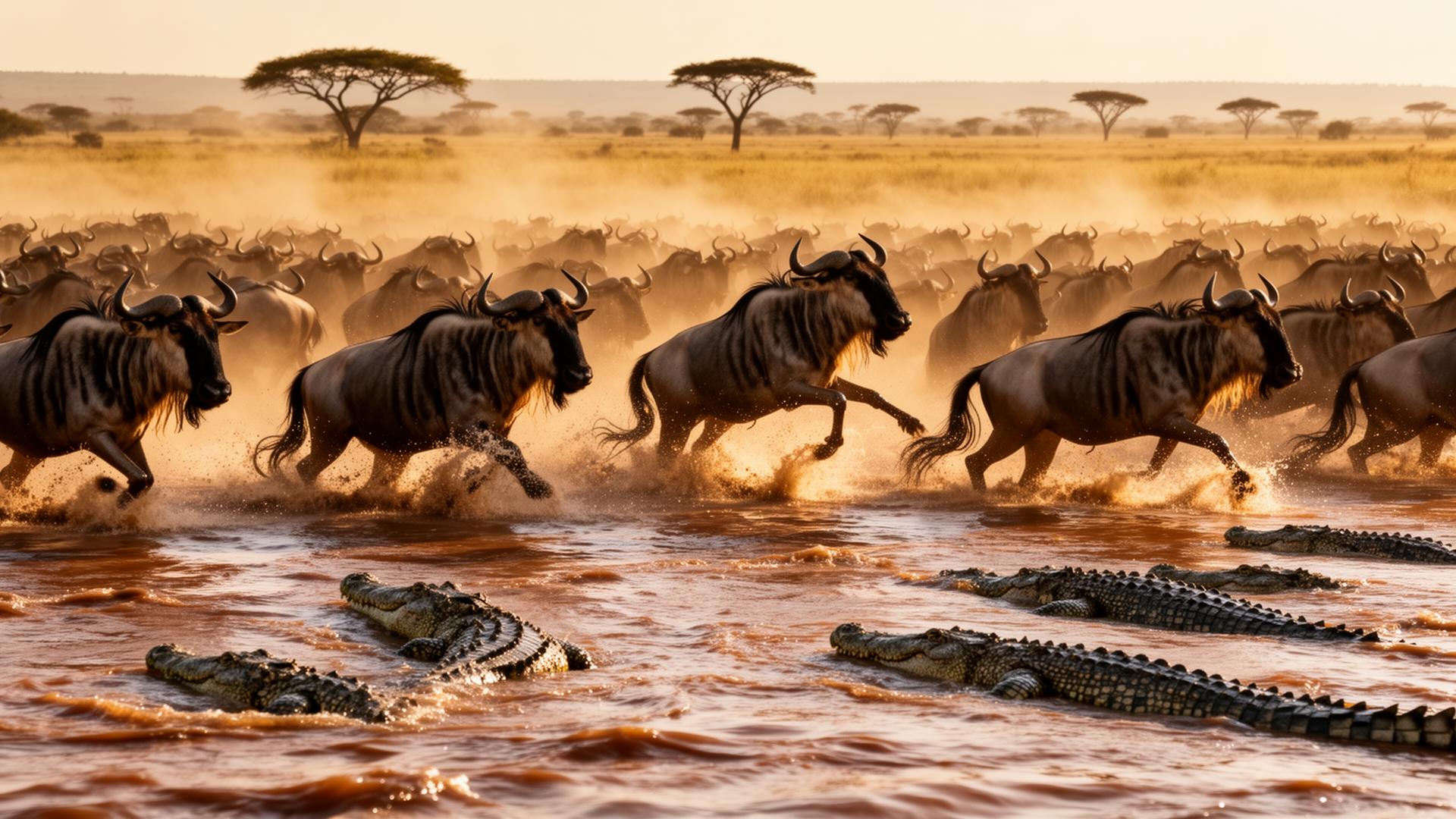Wildebeest crossing a river during the Great Migration in Tanzania