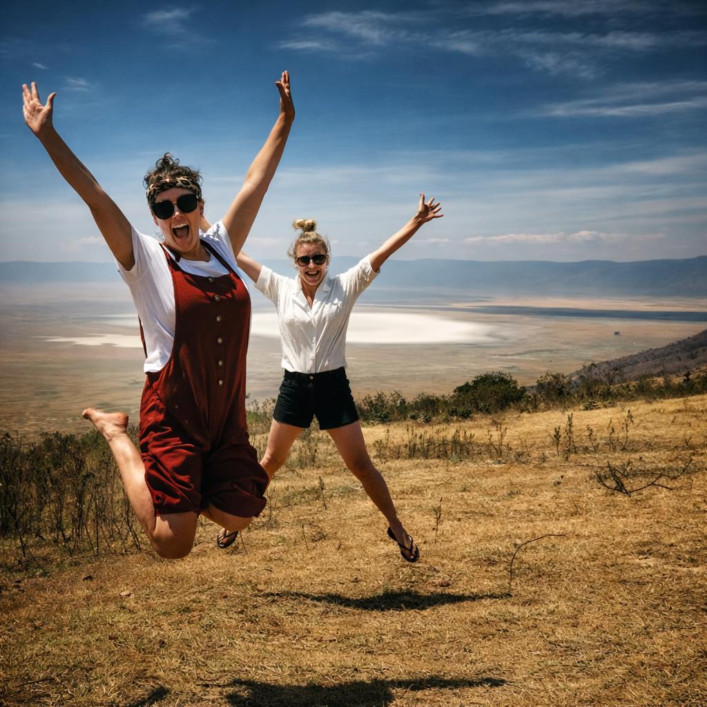 Travellers jumping for joy at the Ngorongoro Crater rim