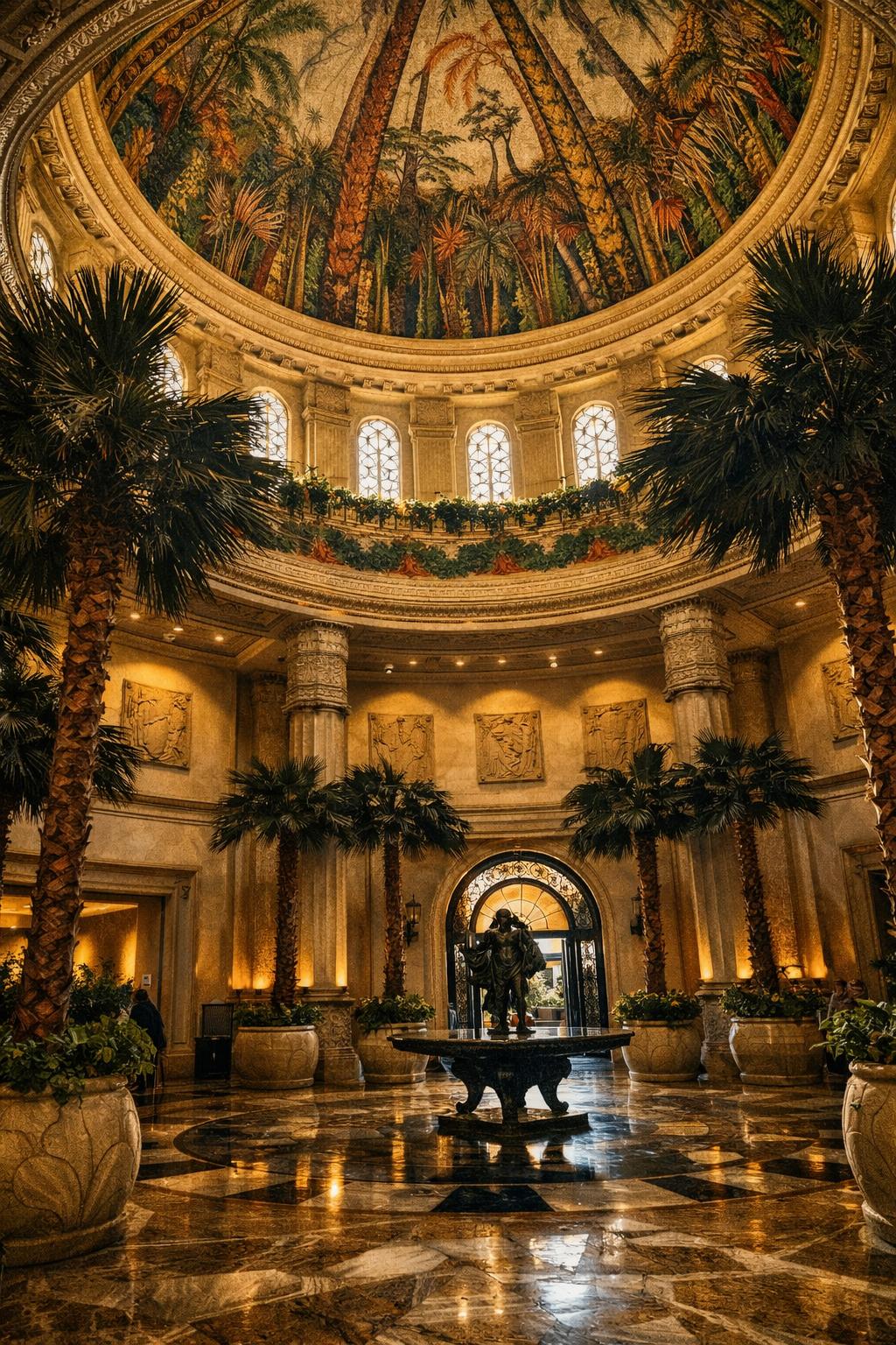 Grand domed lobby with palm trees and marble floors at The Palace, South Africa