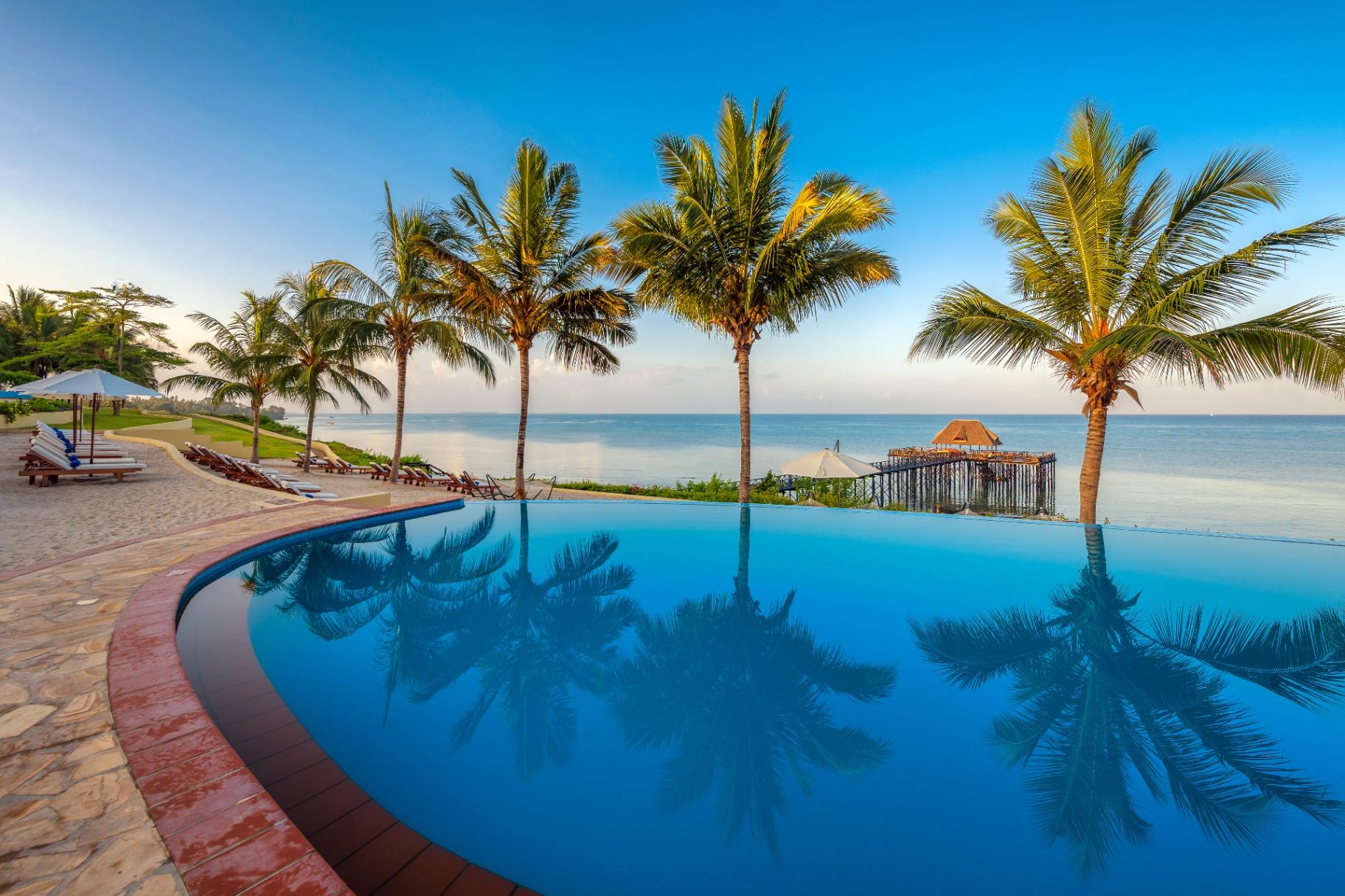 Infinity pool reflecting palm trees with ocean horizon