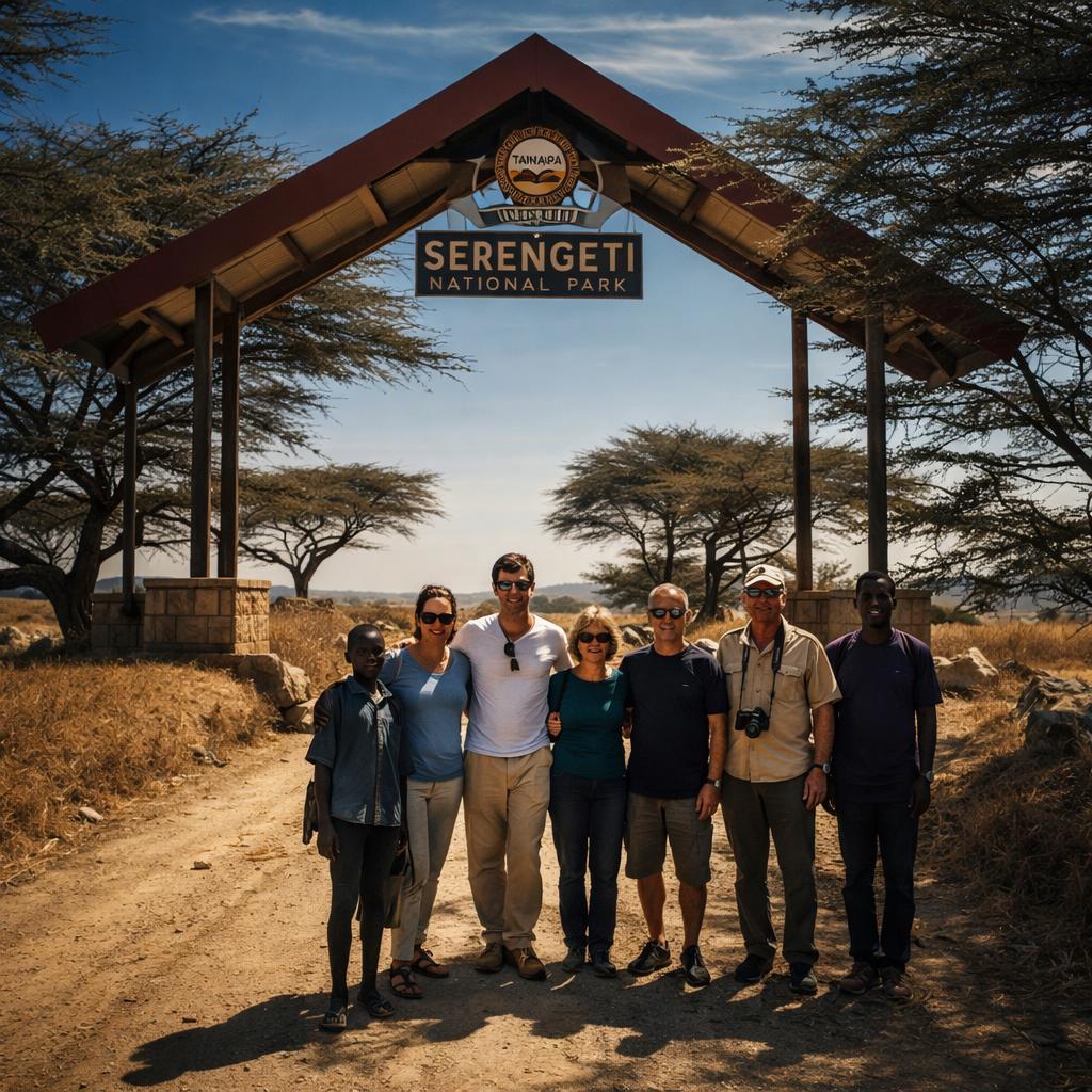 Serengeti National Park entrance gate with safari vehicles