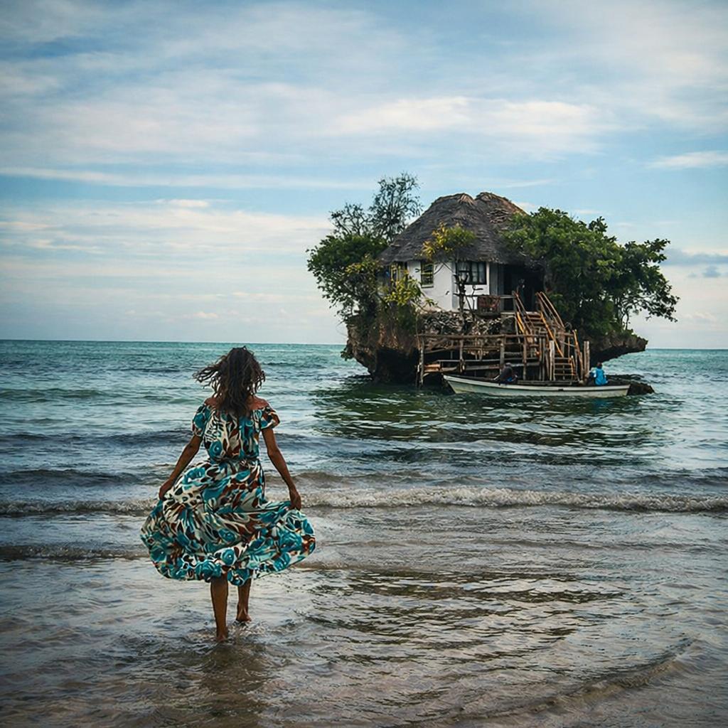 Woman walking towards The Rock Restaurant perched on a rock in the ocean, Zanzibar