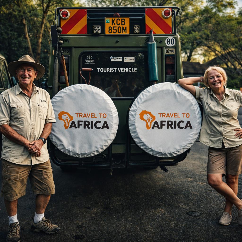 Couple posing with Travel to Africa safari vehicle