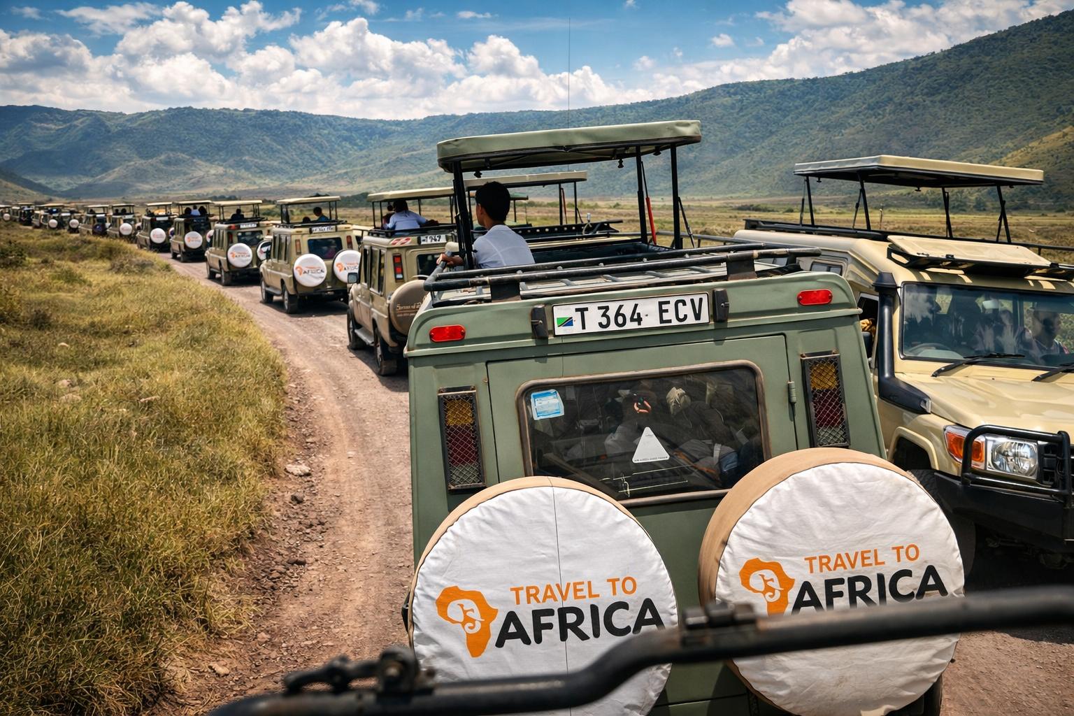 Convoy of Travel to Africa safari vehicles on the road into the Ngorongoro Crater
